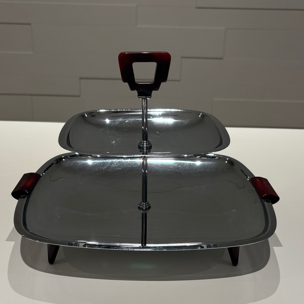 Glo-Hill Gourmates two-tiered serving tray cherry red bakelite handles + feet